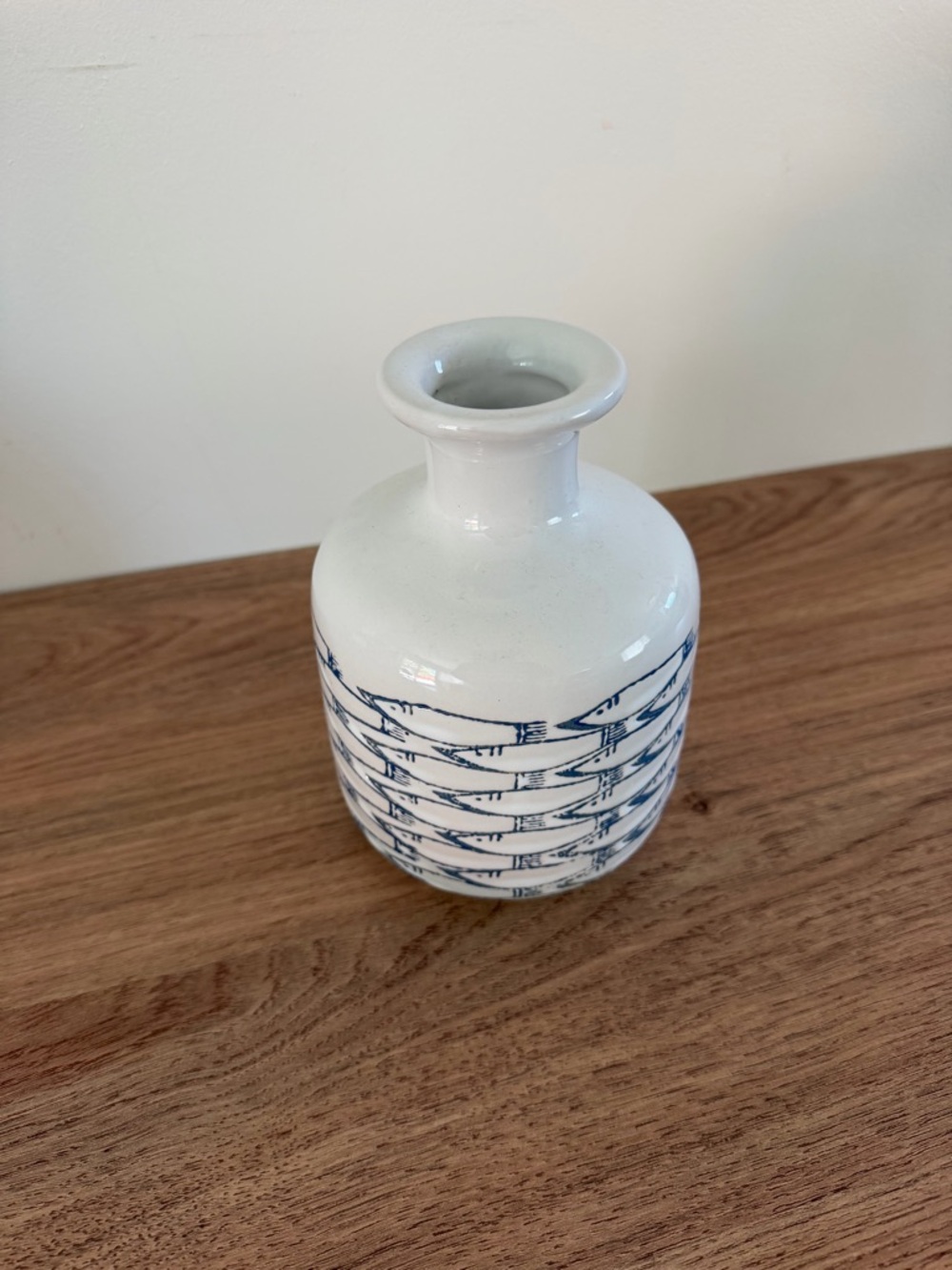 White Ceramic Bud Vase with Blue Fish Detail